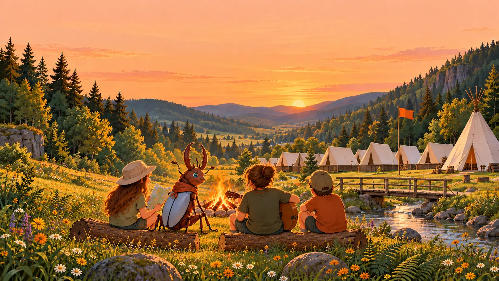 Ilustrace: roháč Brabrouk s dětmi u táboráku na louce se stany a týpím