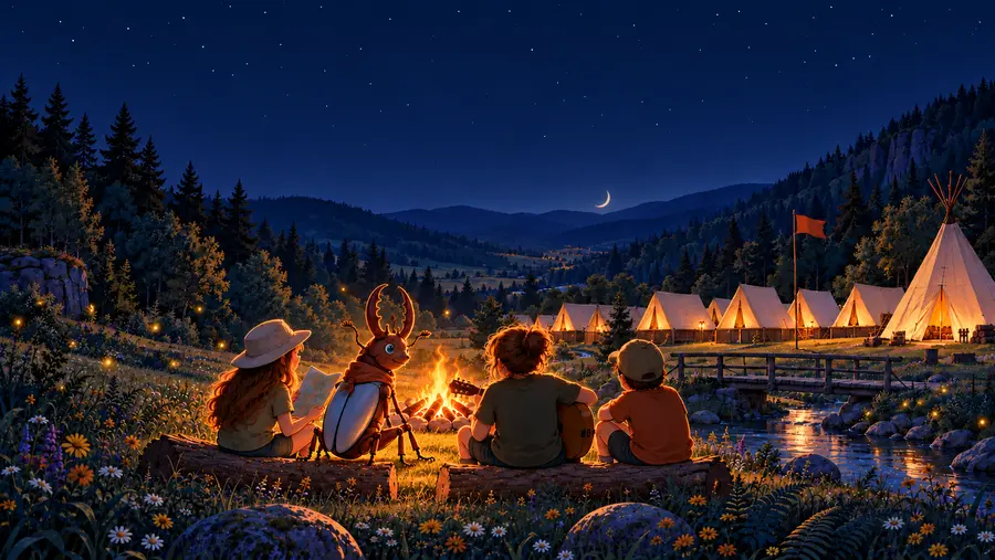 Ilustrace: děti zpívají u táboráku v noci