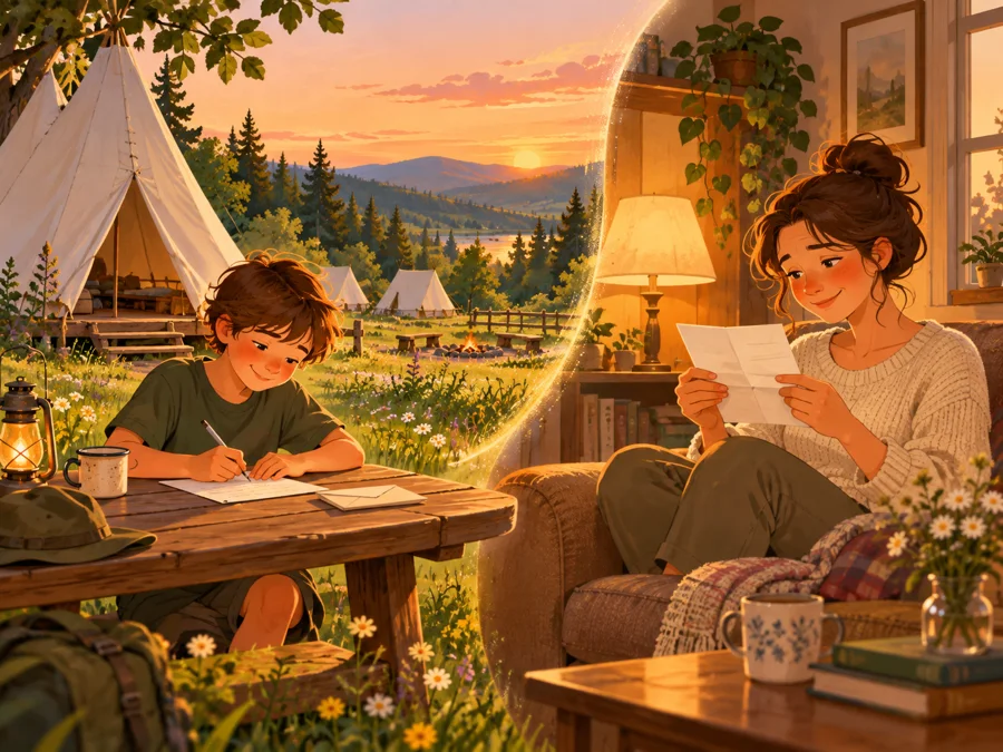Ilustrace: dítě píše dopis z tábora, maminka ho doma čte