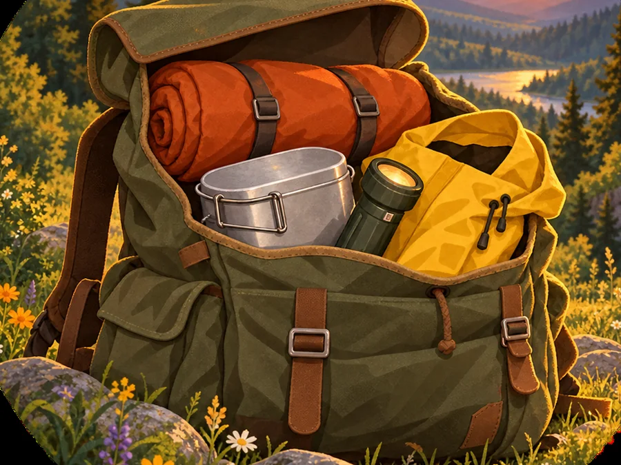 Ilustrace: otevřený batoh se spacákem, ešusem a pláštěnkou